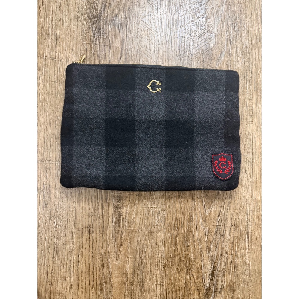C. Wonder Buffalo Check Pouch Clutch Black Grey Plaid Wool Blend Gold Logo
